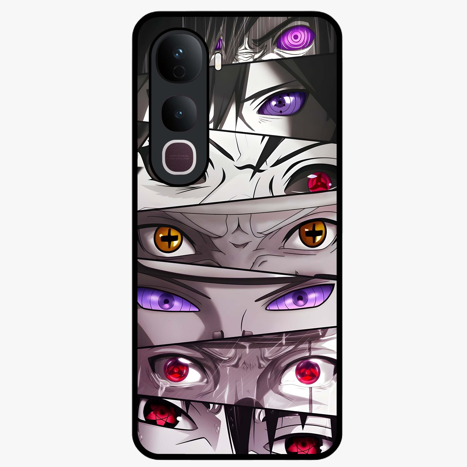 Eyes of Destiny Glass Case showing flat back view with striking eye themed artwork and glossy glass finish.