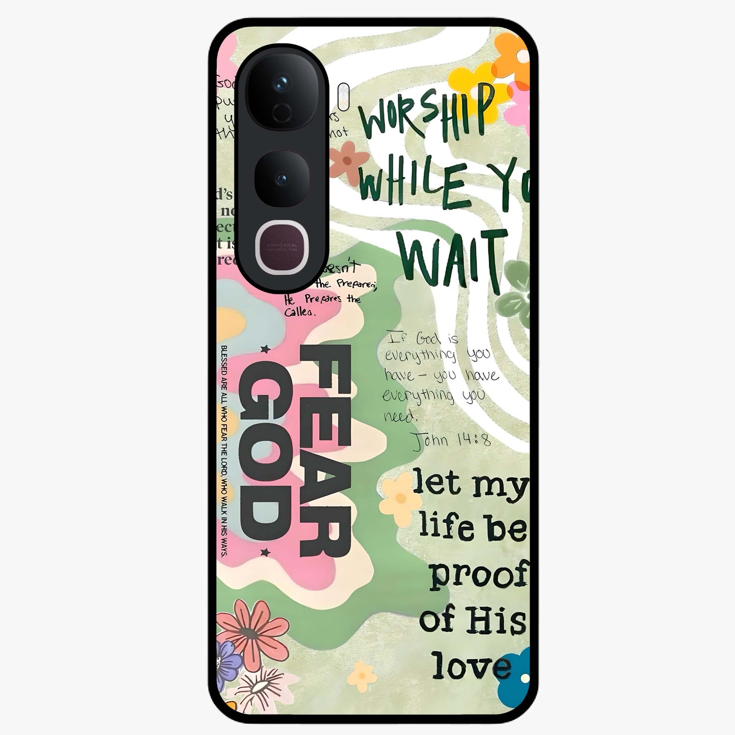 Faith Over Fear Glass Case showing flat back view with motivational typography artwork and glossy glass finish.
