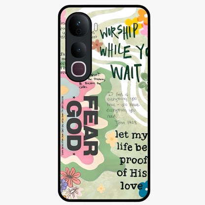 Faith Over Fear Glass Case showing flat back view with motivational typography artwork and glossy glass finish.