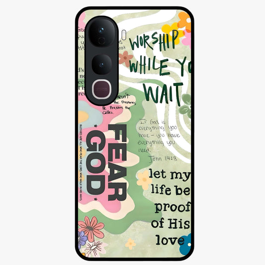 Faith Over Fear Glass Case showing flat back view with motivational typography artwork and glossy glass finish.
