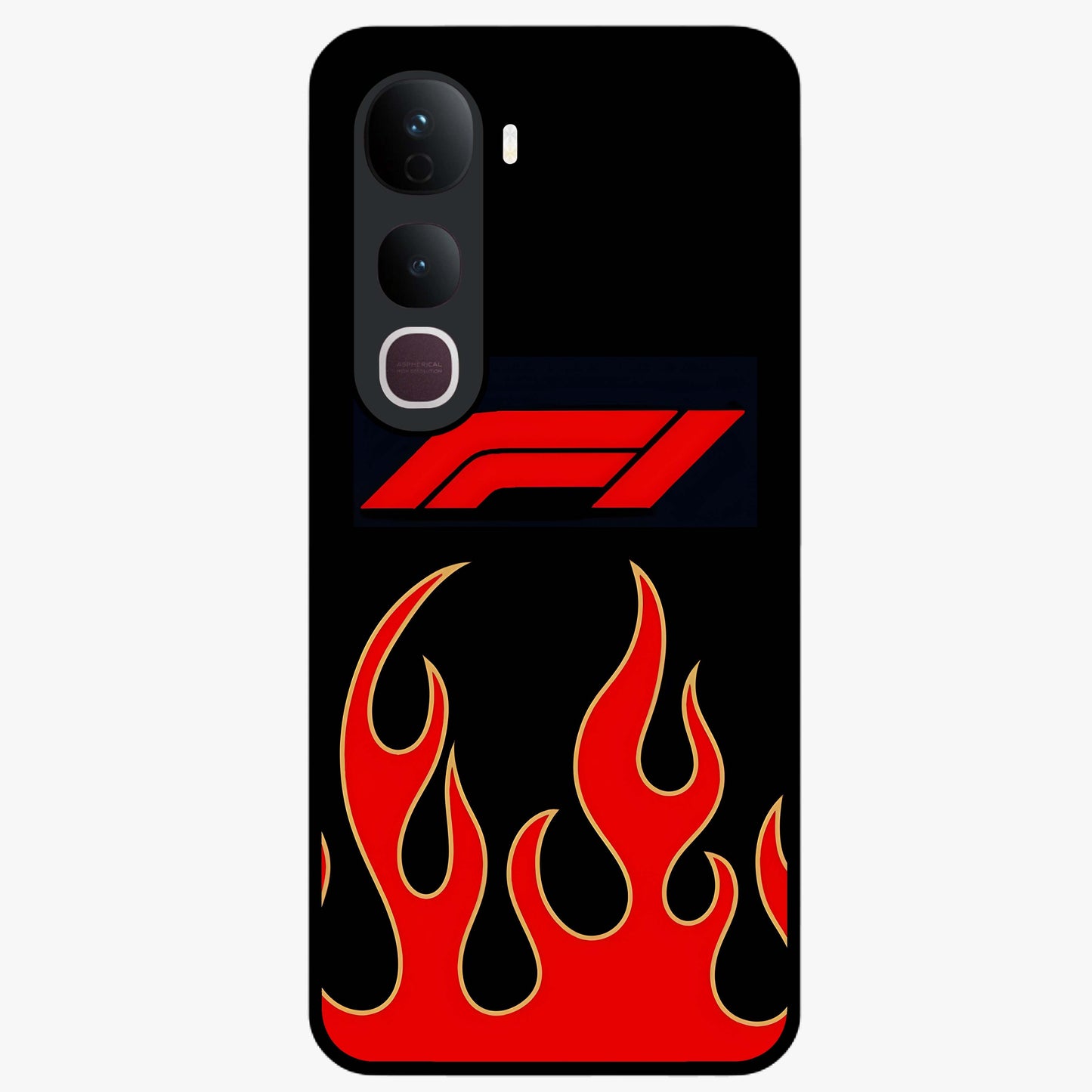 Fire F11 Glass Case showing flat back view with fiery themed artwork and glossy glass finish.