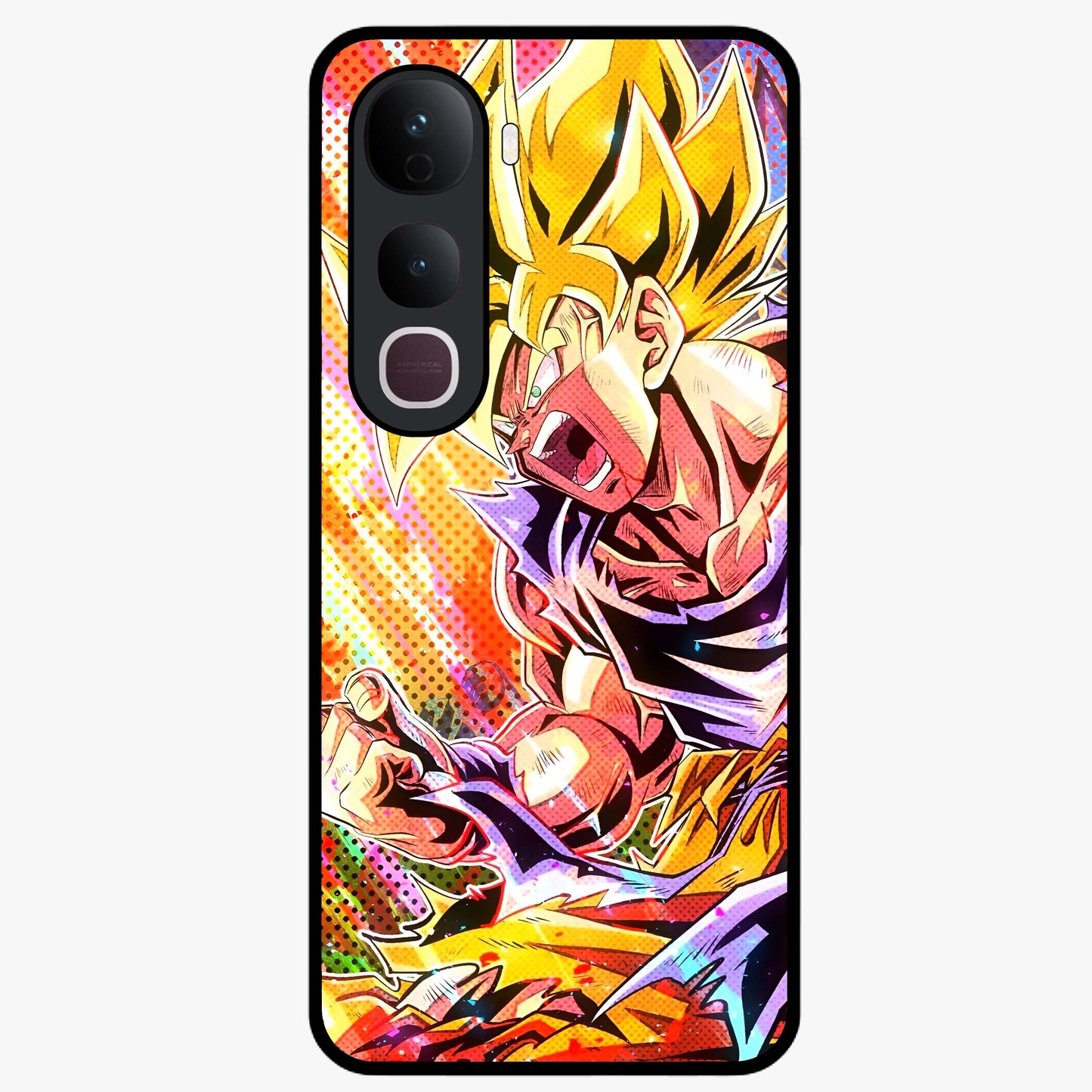 Firing Goku Glass Case showing flat back view with powerful anime inspired artwork and glossy glass finish.