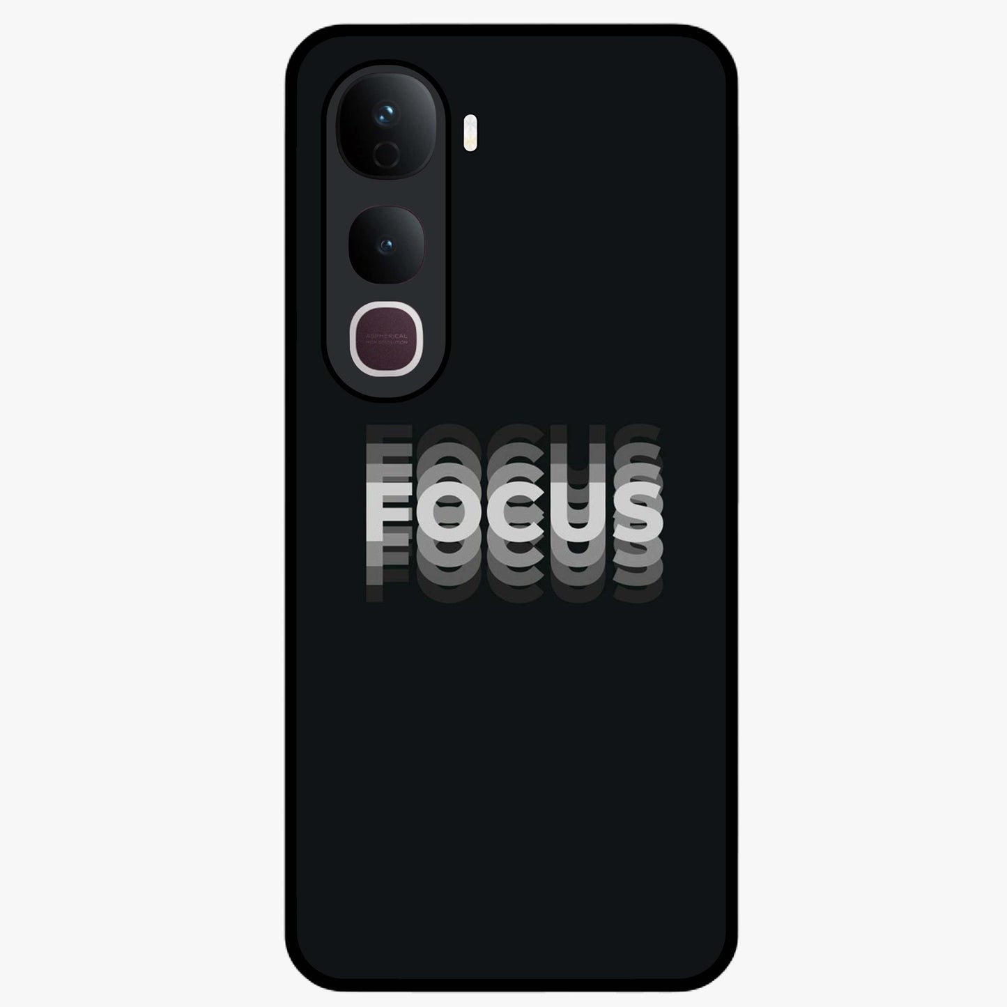 Focus Mode On Glass Case showing flat back view with bold motivational typography design and glossy glass finish.