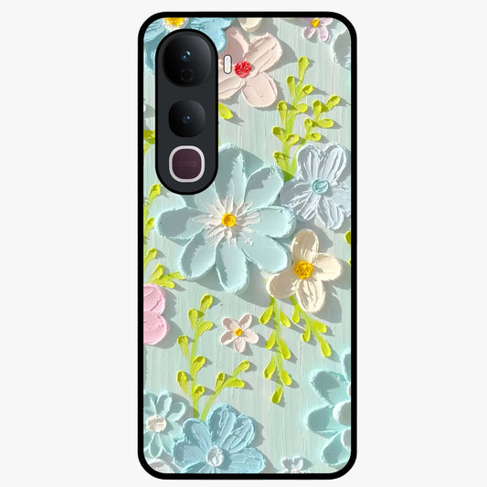 Frosted Petal Garden Glass Case showing flat back view with soft frosted floral artwork and glossy glass finish.