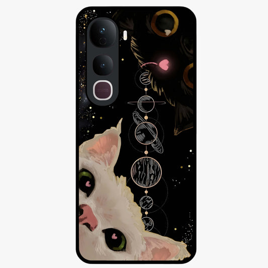 Galactic Cat Glass Case showing flat back view with cosmic cat artwork and glossy glass finish.