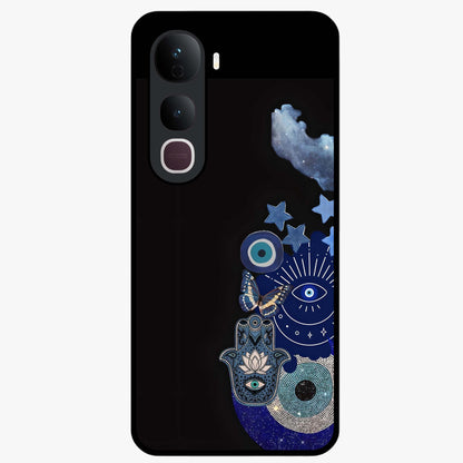 Galactic Charm Cluster Glass Case showing flat back view with glowing celestial charm artwork and glossy glass finish.