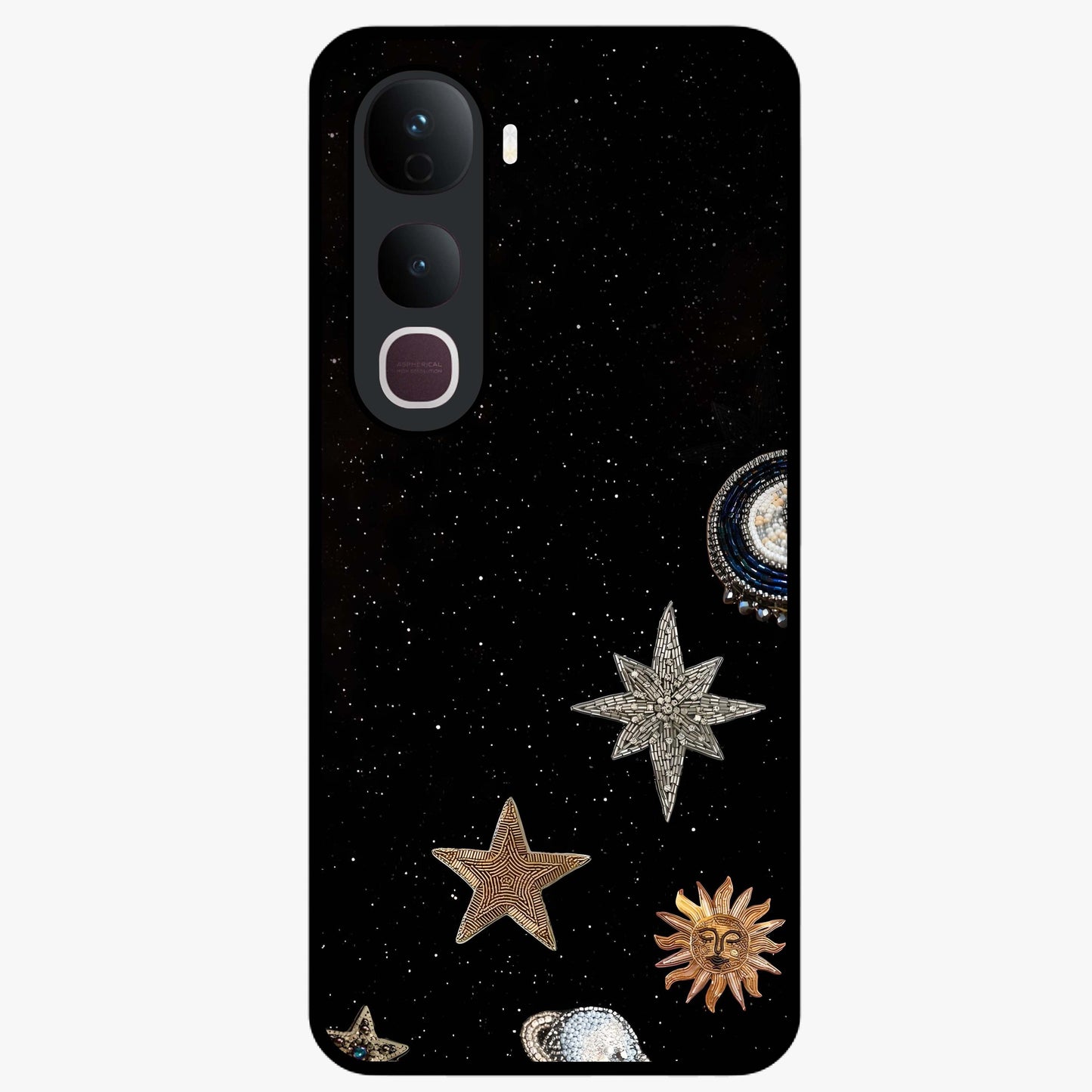 Galactic Charm Glow Glass Case showing flat back view with glowing celestial charm artwork and glossy glass finish.