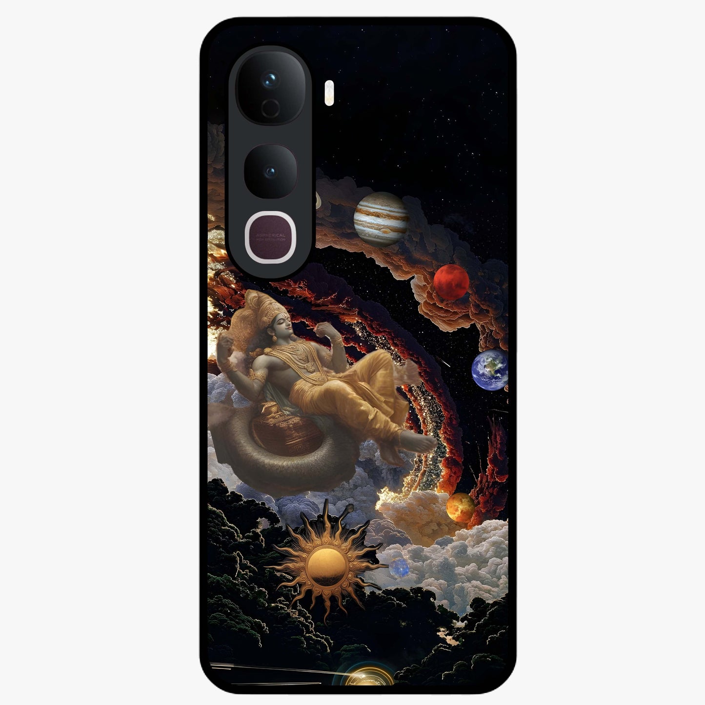 Galactic Divine God Glass Case showing flat back view with divine cosmic themed artwork and glossy glass finish.