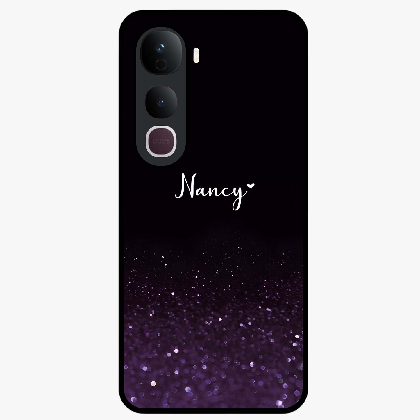 Glittery Purple Bokeh Custom Name Glass Case showing flat back view with purple bokeh sparkle artwork and personalized name design.