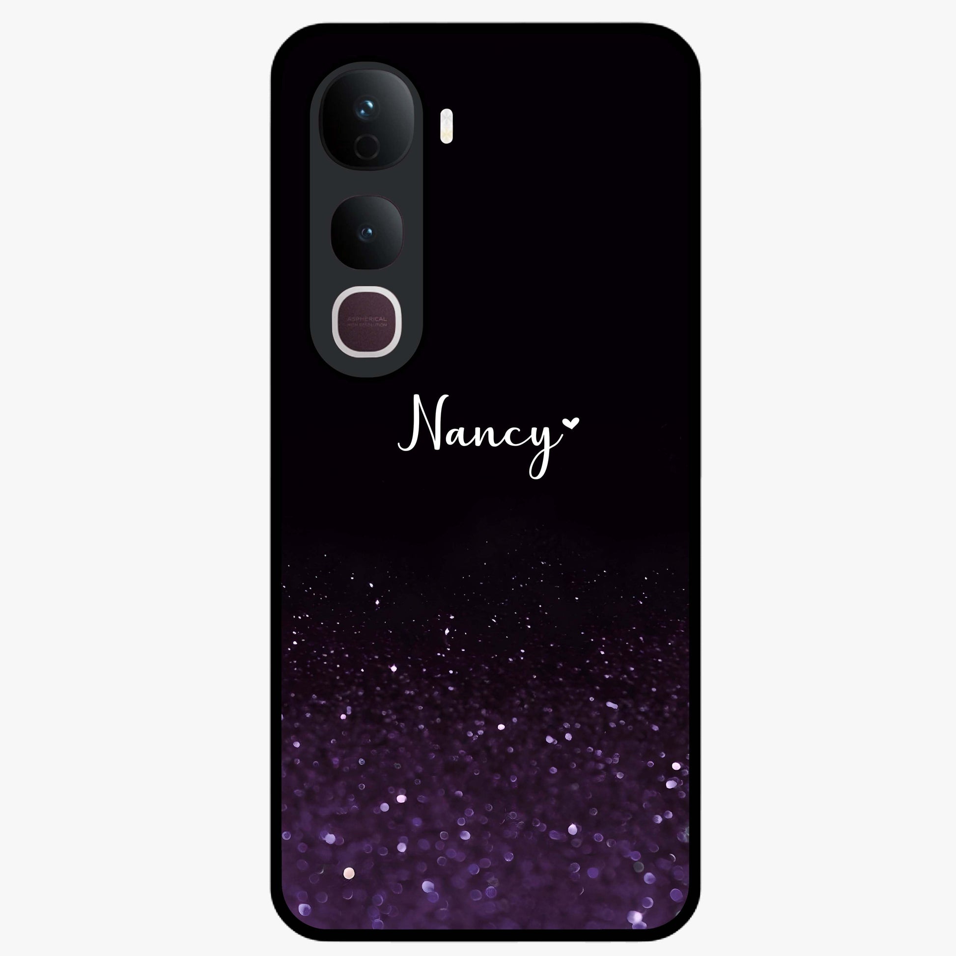 Glittery Purple Bokeh Custom Name Glass Case showing flat back view with purple bokeh sparkle artwork and personalized name design.