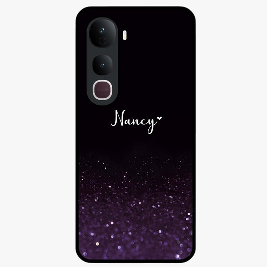 Glittery Purple Bokeh Custom Name Glass Case showing flat back view with purple bokeh sparkle artwork and personalized name design.