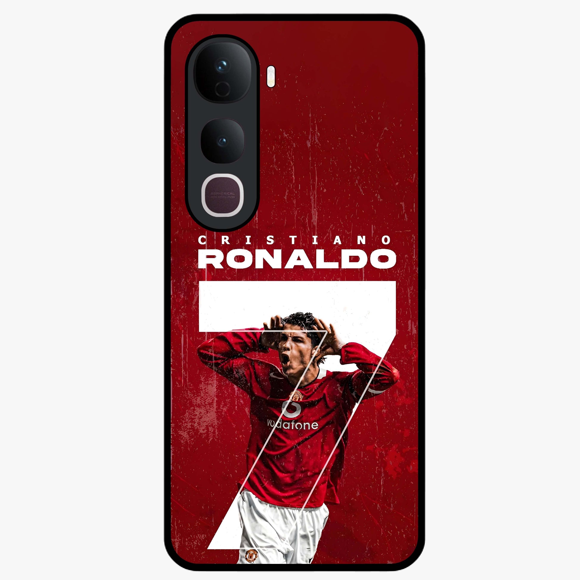 Goal Celebration Legacy Glass Case showing flat back view with football celebration inspired artwork and glossy glass finish.
