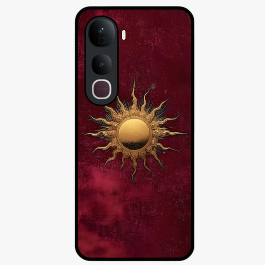 Gold Sun Blush Glass Case showing flat back view with golden sun inspired artwork and glossy glass finish.