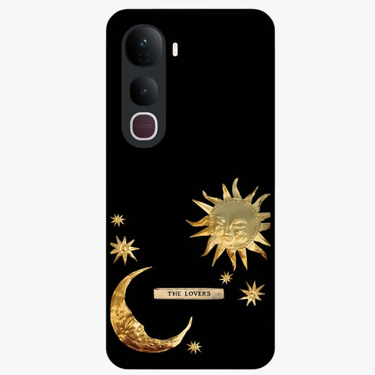 Golden Celestial Charm Glass Case showing flat back view with golden celestial charm artwork and glossy glass finish.