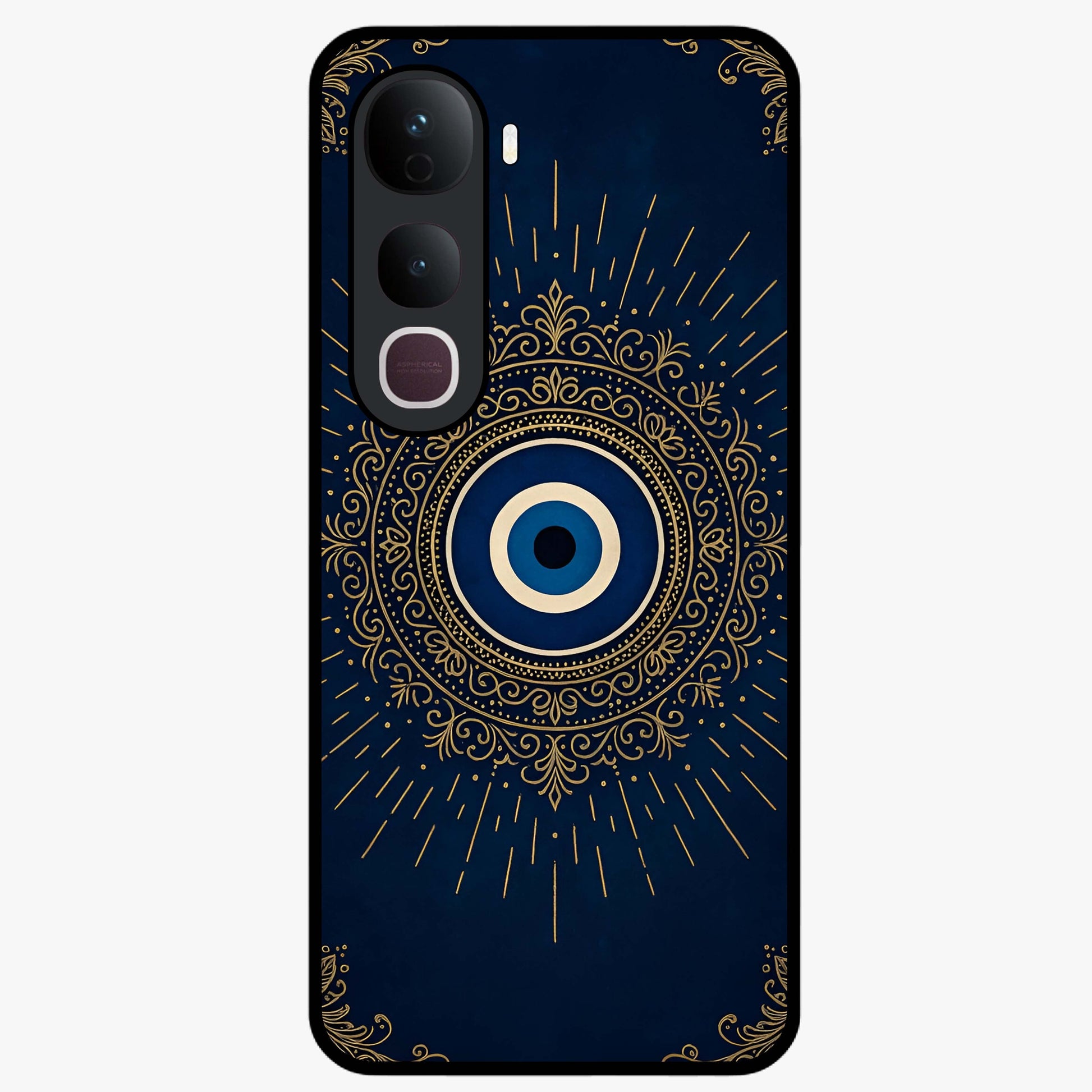 Golden Evil Eye Mandala Glass Case showing flat back view with intricate evil eye mandala artwork and glossy glass finish.