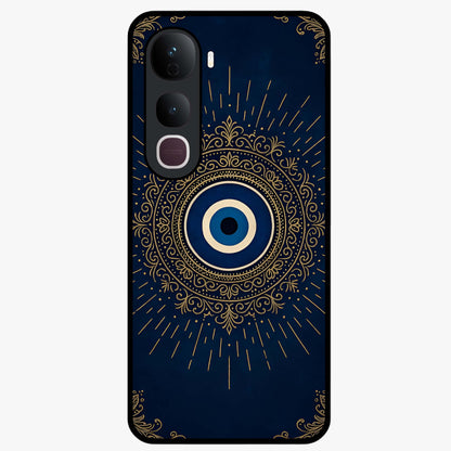 Golden Evil Eye Mandala Glass Case showing flat back view with intricate evil eye mandala artwork and glossy glass finish.