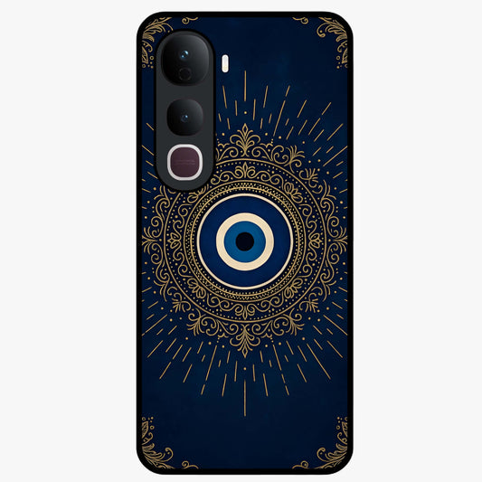 Golden Evil Eye Mandala Glass Case showing flat back view with intricate evil eye mandala artwork and glossy glass finish.