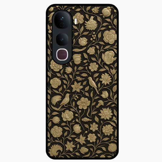 Golden Floral Majesty Glass Case showing flat back view with luxurious golden floral artwork and glossy glass finish.
