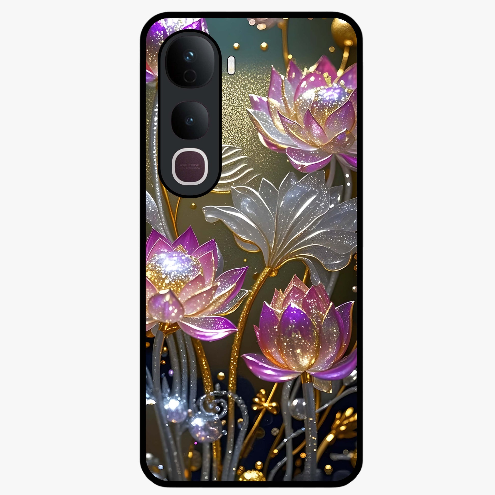 Golden Lotus Glow Glass Case showing flat back view with glowing lotus flower artwork and glossy glass finish.