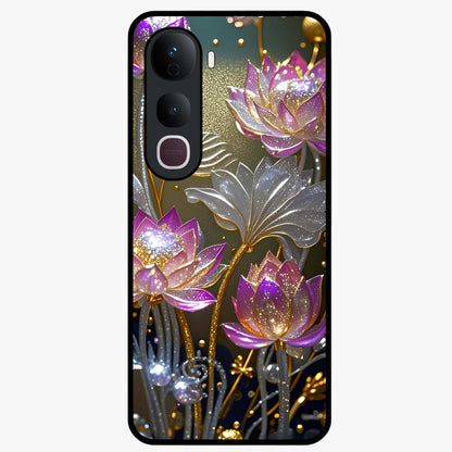 Golden Lotus Glow Glass Case showing flat back view with glowing lotus flower artwork and glossy glass finish.
