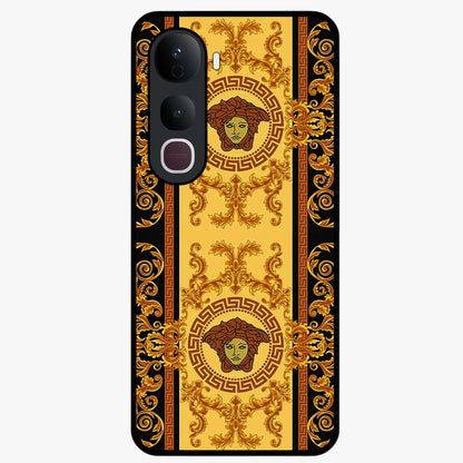 Golden Royal Heritage Glass Case showing flat back view with ornate royal pattern artwork and glossy glass finish.