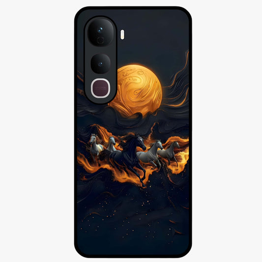 Golden Stallion Moonride Glass Case showing flat back view with majestic horse under moonlight artwork and glossy glass finish.