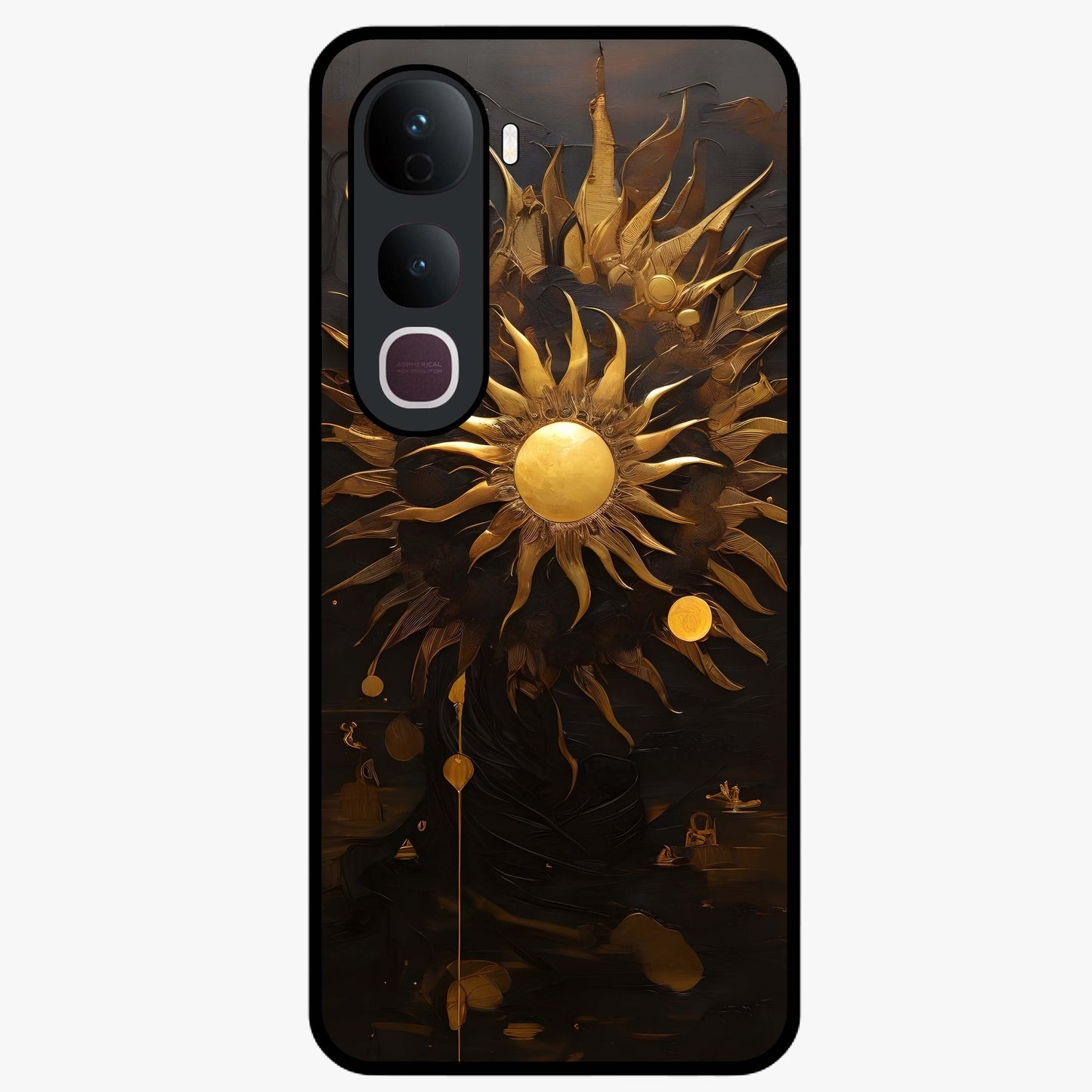 Golden Sun Majesty Glass Case showing flat back view with radiant golden sun artwork and glossy glass finish.