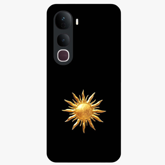 Golden Sun Minimalism Glass Case showing flat back view with minimal golden sun artwork and glossy glass finish.