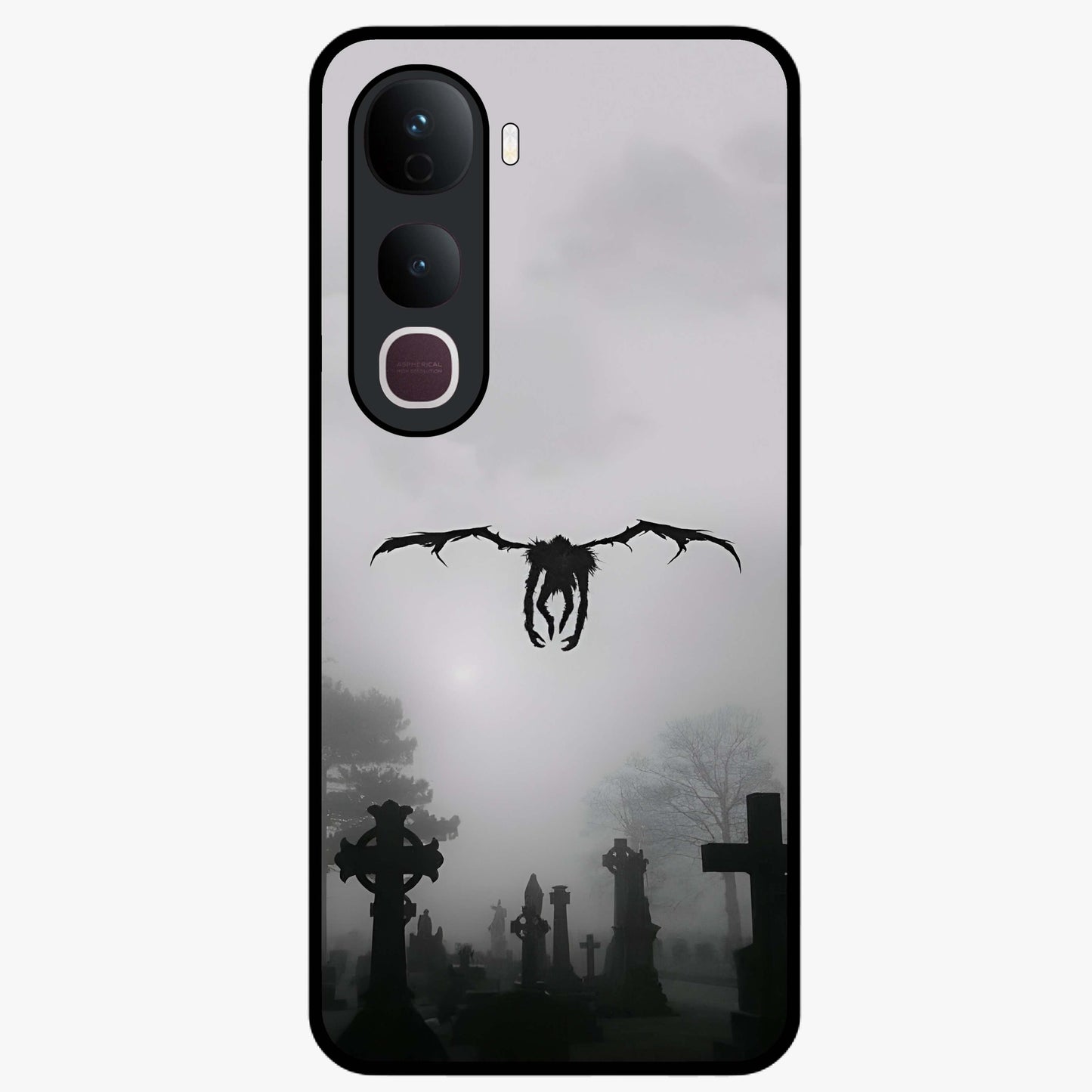 Graveyard Shadow Descent Glass Case showing flat back view with dark graveyard themed artwork and glossy glass finish.