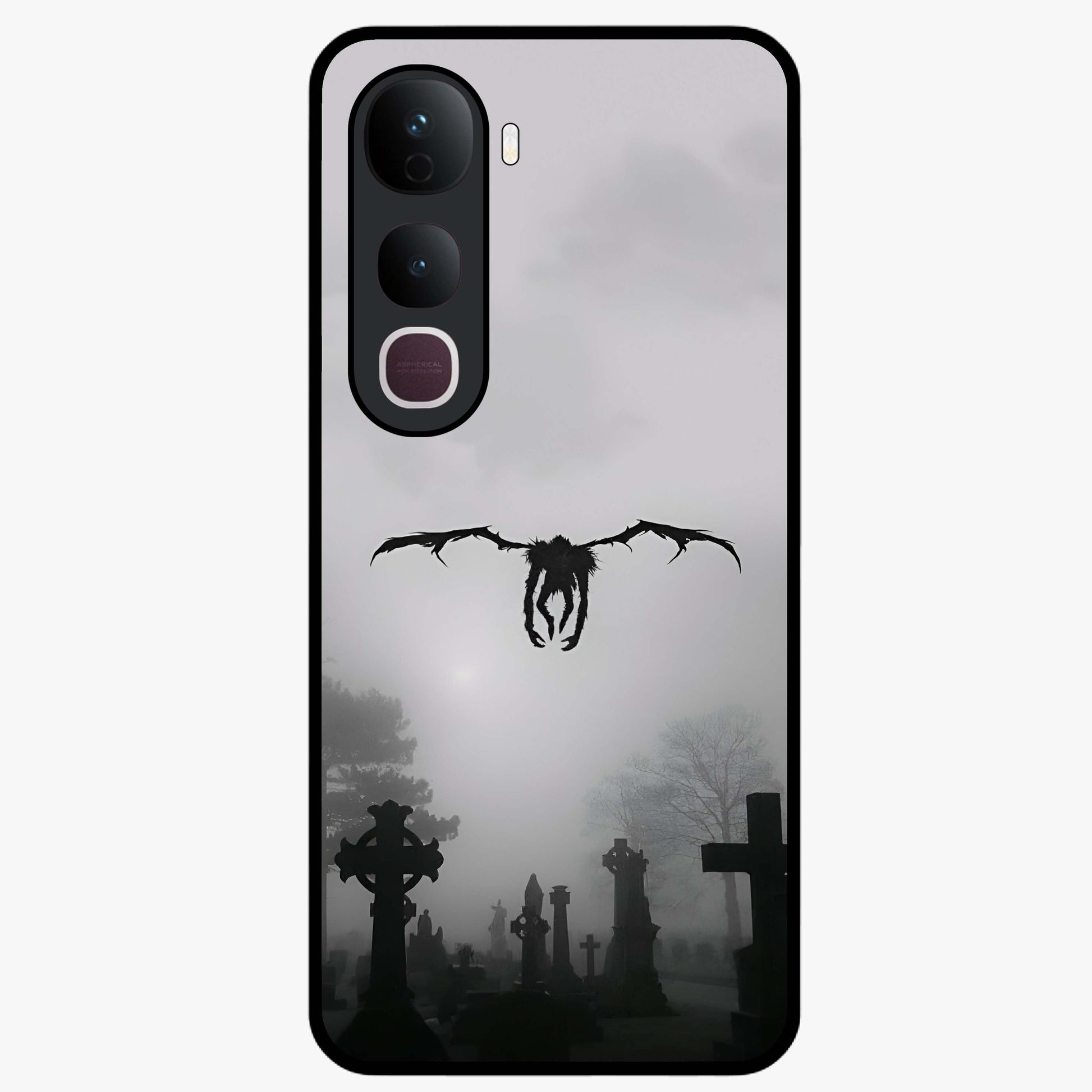 Graveyard Shadow Descent Glass Case showing flat back view with dark graveyard themed artwork and glossy glass finish.