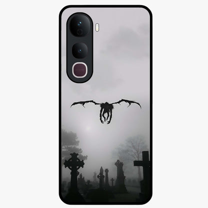 Graveyard Shadow Descent Glass Case showing flat back view with dark graveyard themed artwork and glossy glass finish.