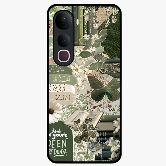Green Islamic Books Quotes Glass Case showing flat back view with Islamic quotes and book themed artwork and glossy glass finish.