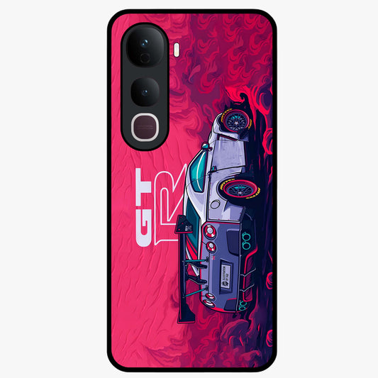 GT-R Car Pattern Glass Case showing flat back view with sporty car inspired pattern artwork and glossy glass finish.
