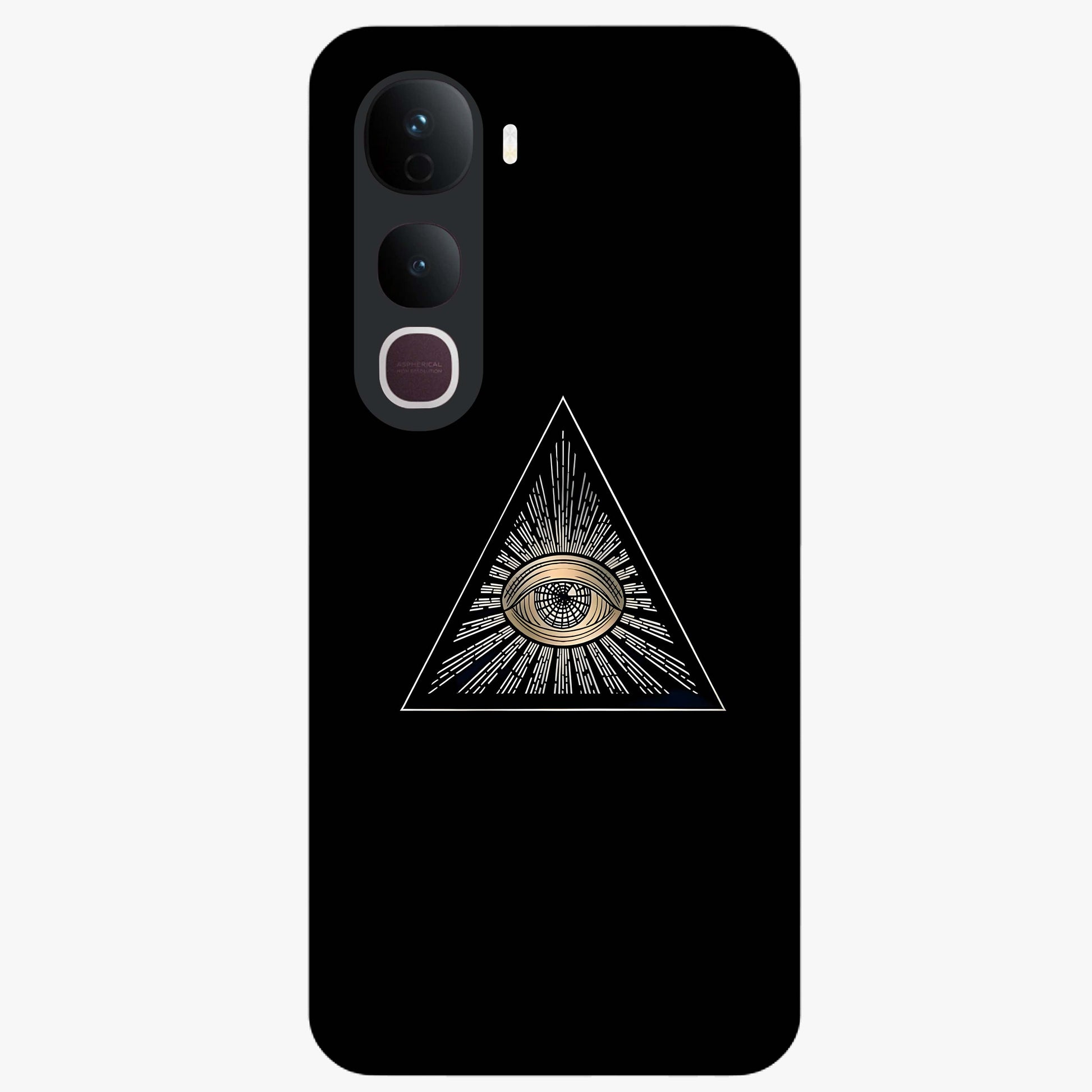 Illuminati Evil Glass Case showing flat back view with mysterious illuminati symbol artwork and glossy glass finish.