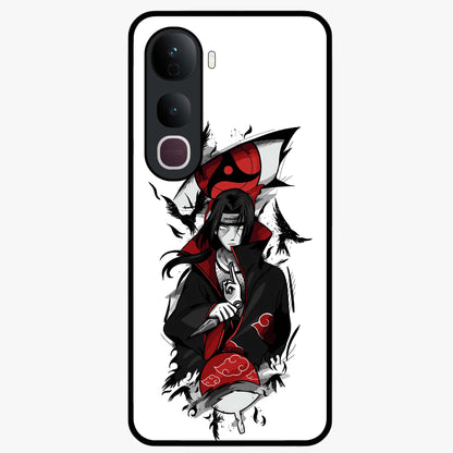 Itachi Sharingan Glass Case showing flat back view with powerful anime eye artwork and glossy glass finish.