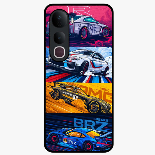 JDM Sports Car Glass Case showing flat back view with high performance sports car artwork and glossy glass finish.