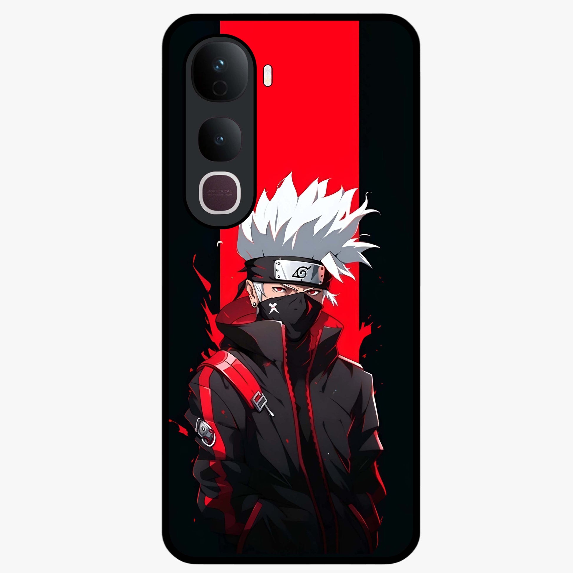 Kakashi Scarlet Shadow Glass Case showing flat back view with powerful anime ninja artwork and glossy glass finish.