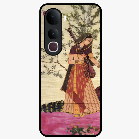 Lady With Veena Art Glass Case showing flat back view with elegant woman playing veena artwork and glossy glass finish.