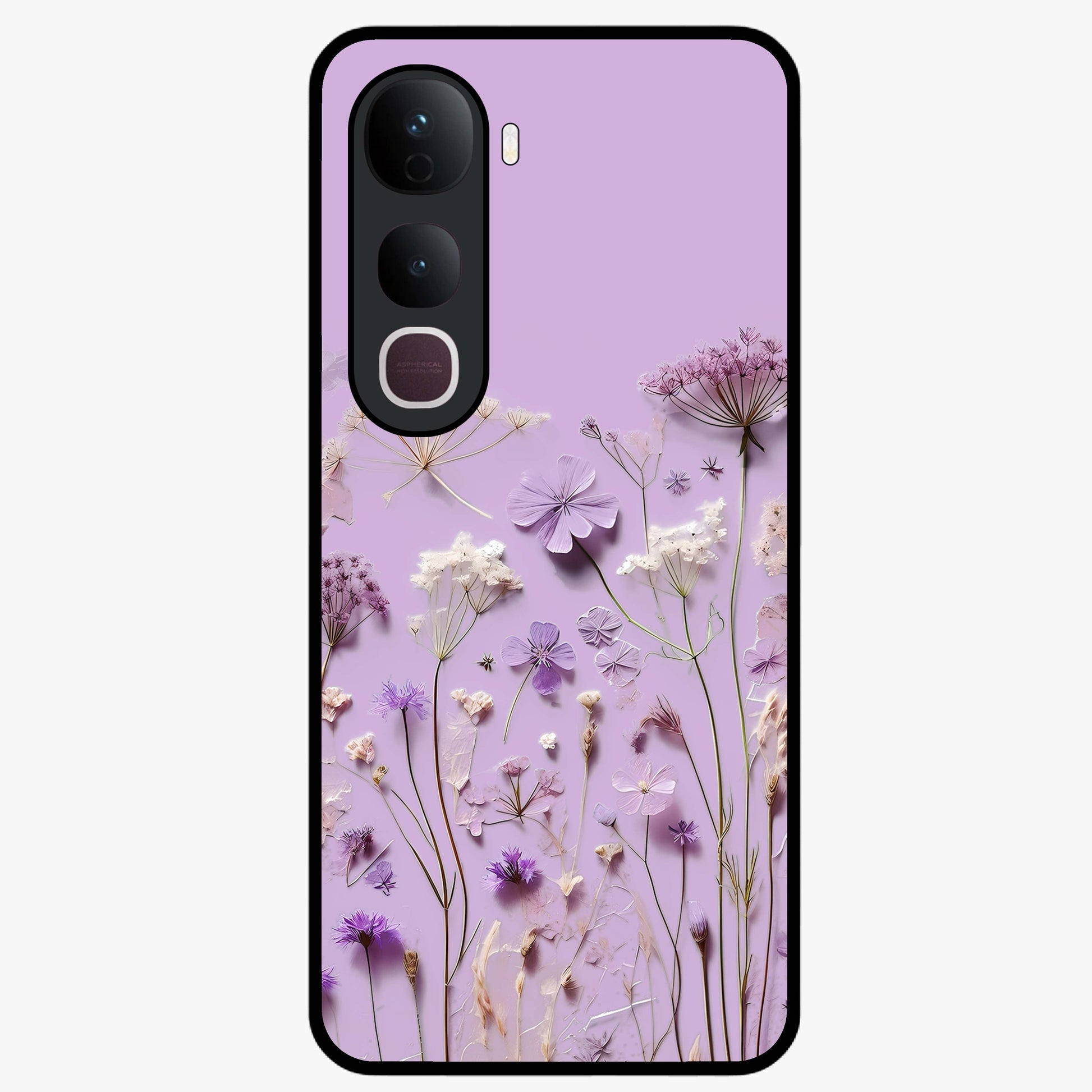 Lavender Blossom Dream Glass Case showing flat back view with soft lavender floral artwork and glossy glass finish.
