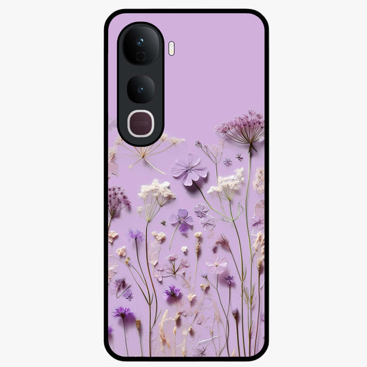 Lavender Blossom Dream Glass Case showing flat back view with soft lavender floral artwork and glossy glass finish.