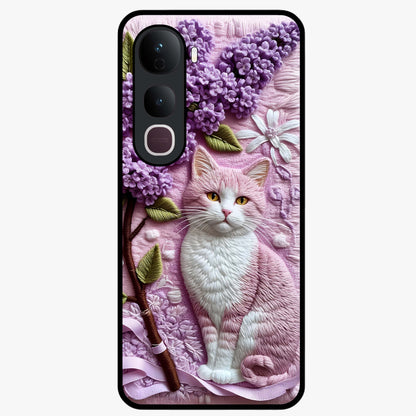 Lavender Cat Whimsy Glass Case showing flat back view with cute lavender cat artwork and glossy glass finish.