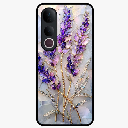 Lavender Dream Glow Glass Case showing flat back view with glowing lavender aesthetic artwork and glossy glass finish.