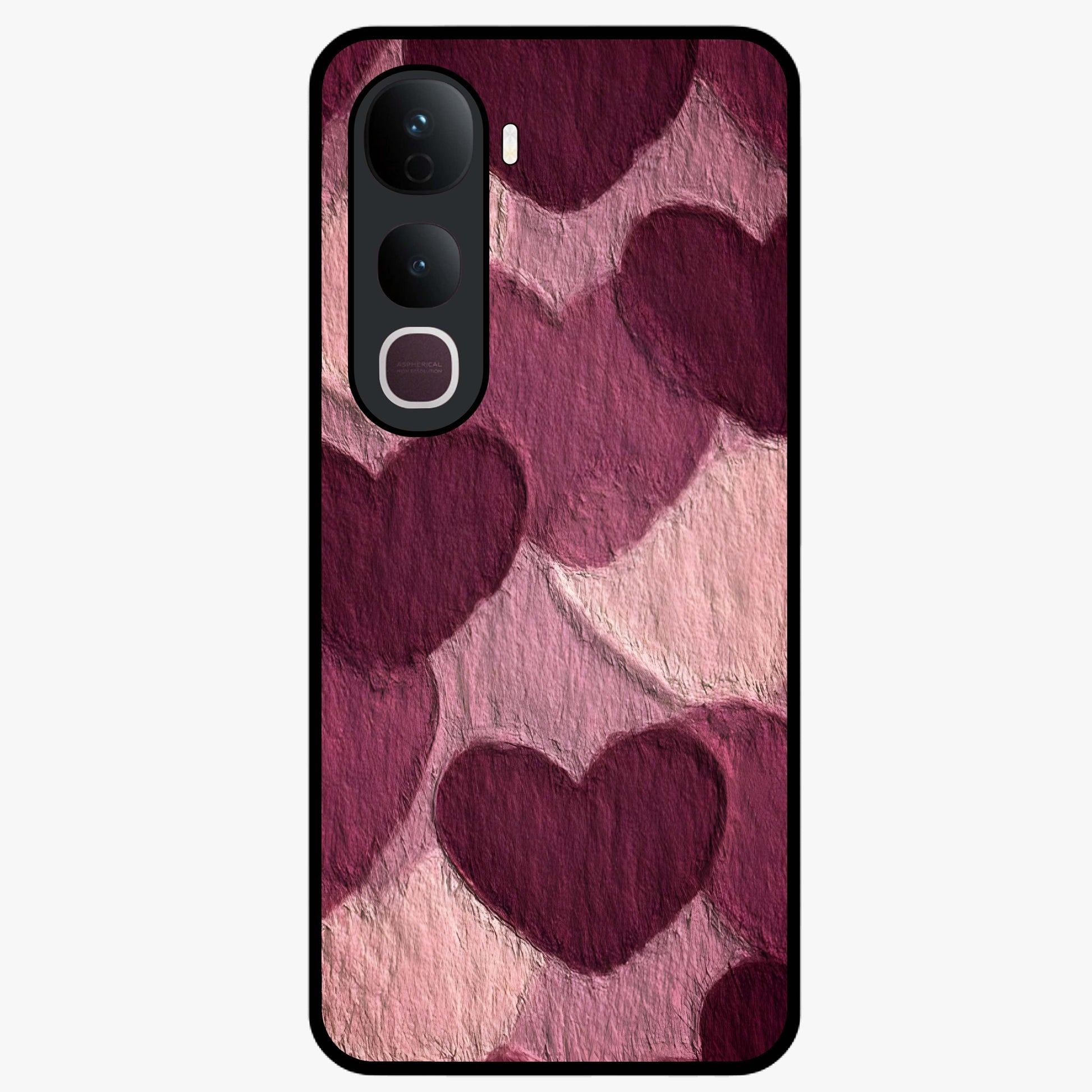 Layered Paper Hearts Glass Case showing flat back view with layered paper heart artwork and glossy glass finish.