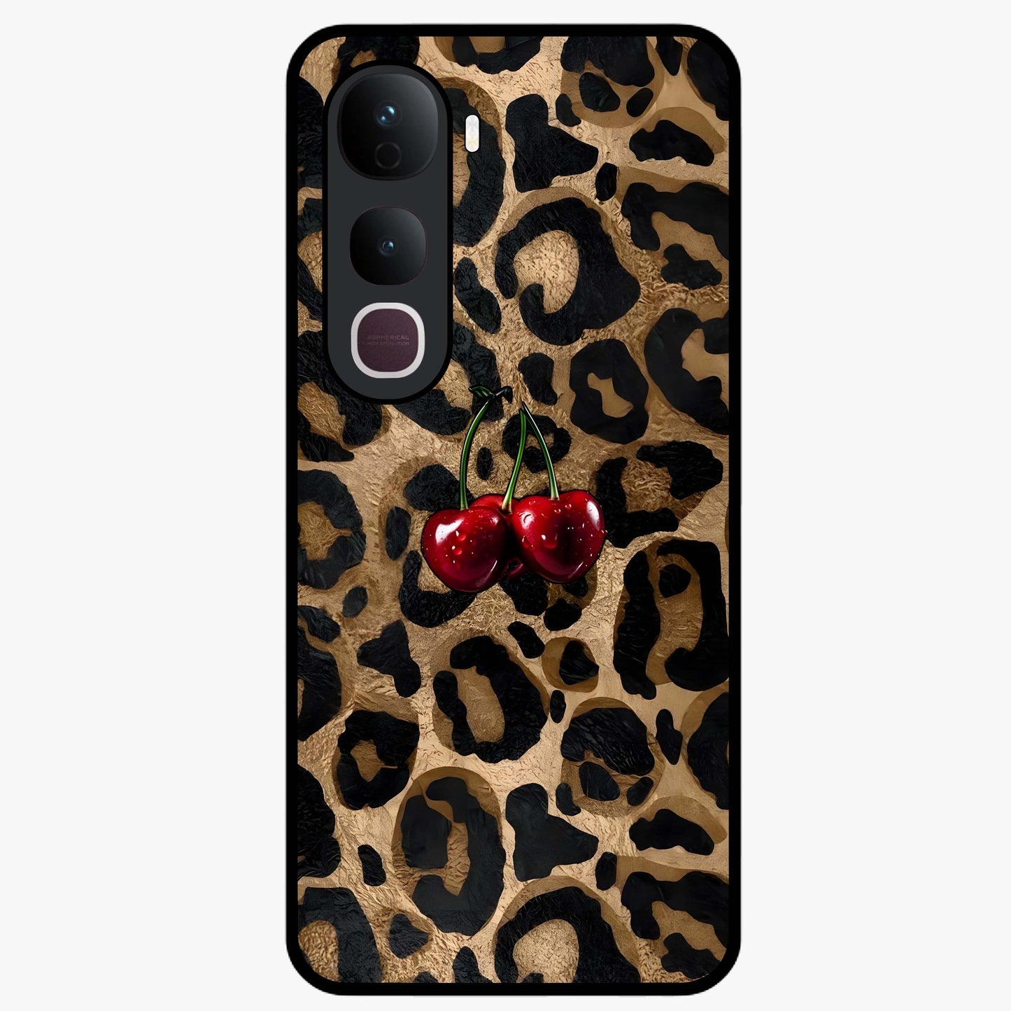 Leopard Wild Cherry Glass Case showing flat back view with leopard pattern and cherry artwork and glossy glass finish.