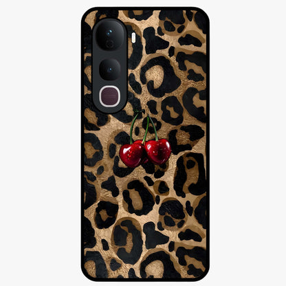 Leopard Wild Cherry Glass Case showing flat back view with leopard pattern and cherry artwork and glossy glass finish.