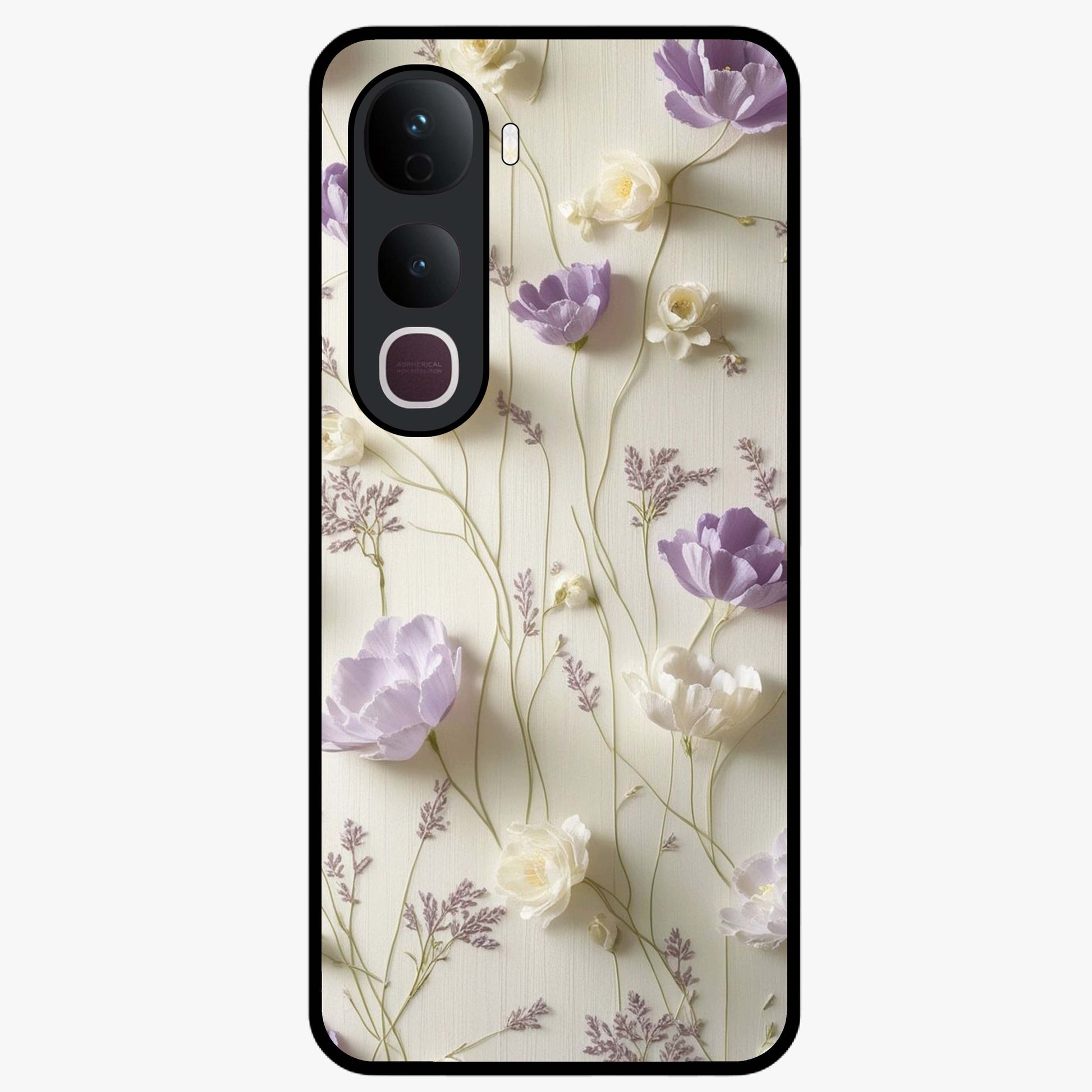 Lilac Breeze Harmony Glass Case showing flat back view with soft lilac themed artwork and glossy glass finish.
