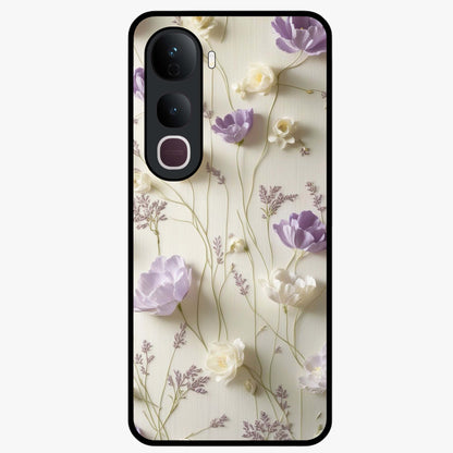 Lilac Breeze Harmony Glass Case showing flat back view with soft lilac themed artwork and glossy glass finish.