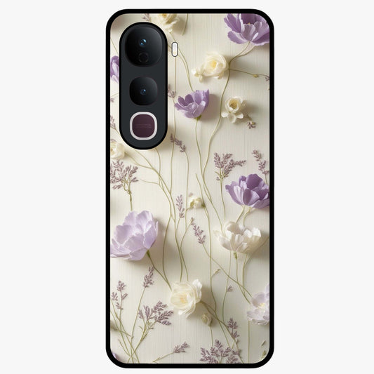 Lilac Breeze Harmony Glass Case showing flat back view with soft lilac themed artwork and glossy glass finish.