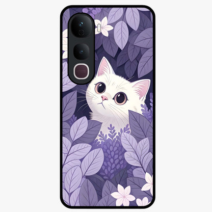 Lilac Hide Peek Cat Glass Case showing flat back view with cute peeking cat artwork and glossy glass finish.