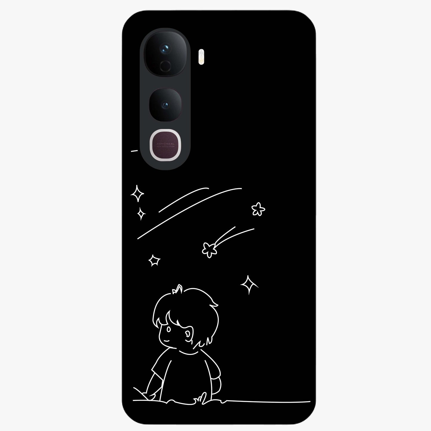 Line Art Boy With Shooting Stars Glass Case showing flat back view with minimal line art boy and shooting stars illustration and glossy glass finish.